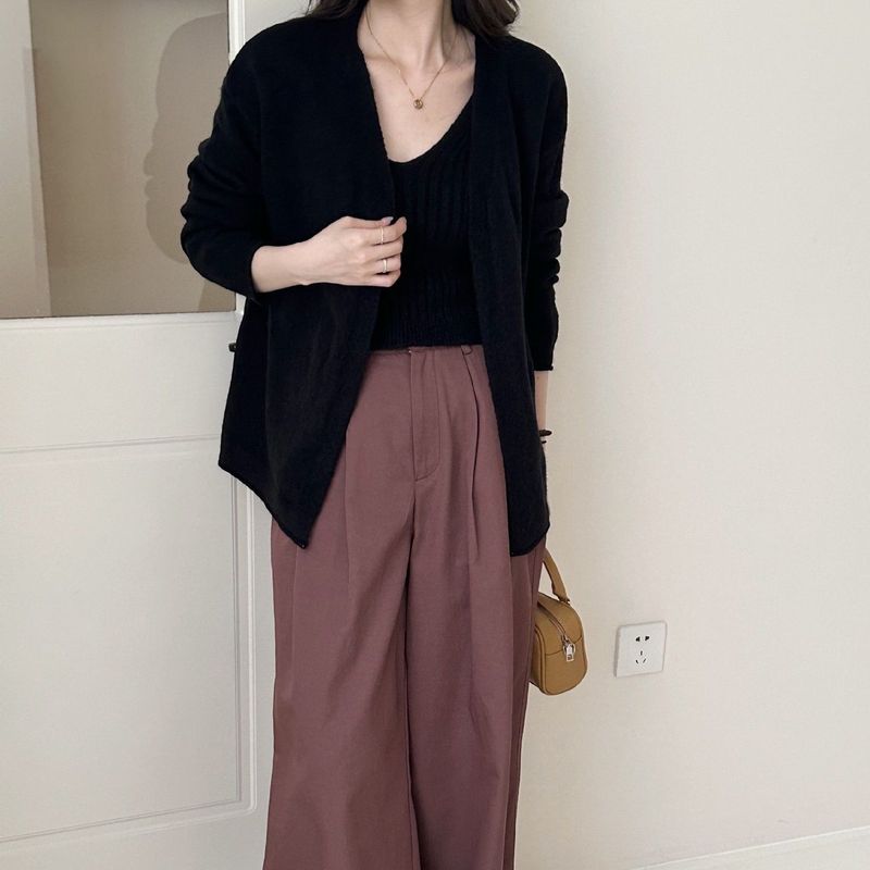 新款开衫毛衣女宽松外穿慵懒风外套秋季内搭背心两件套针织套装|undefined