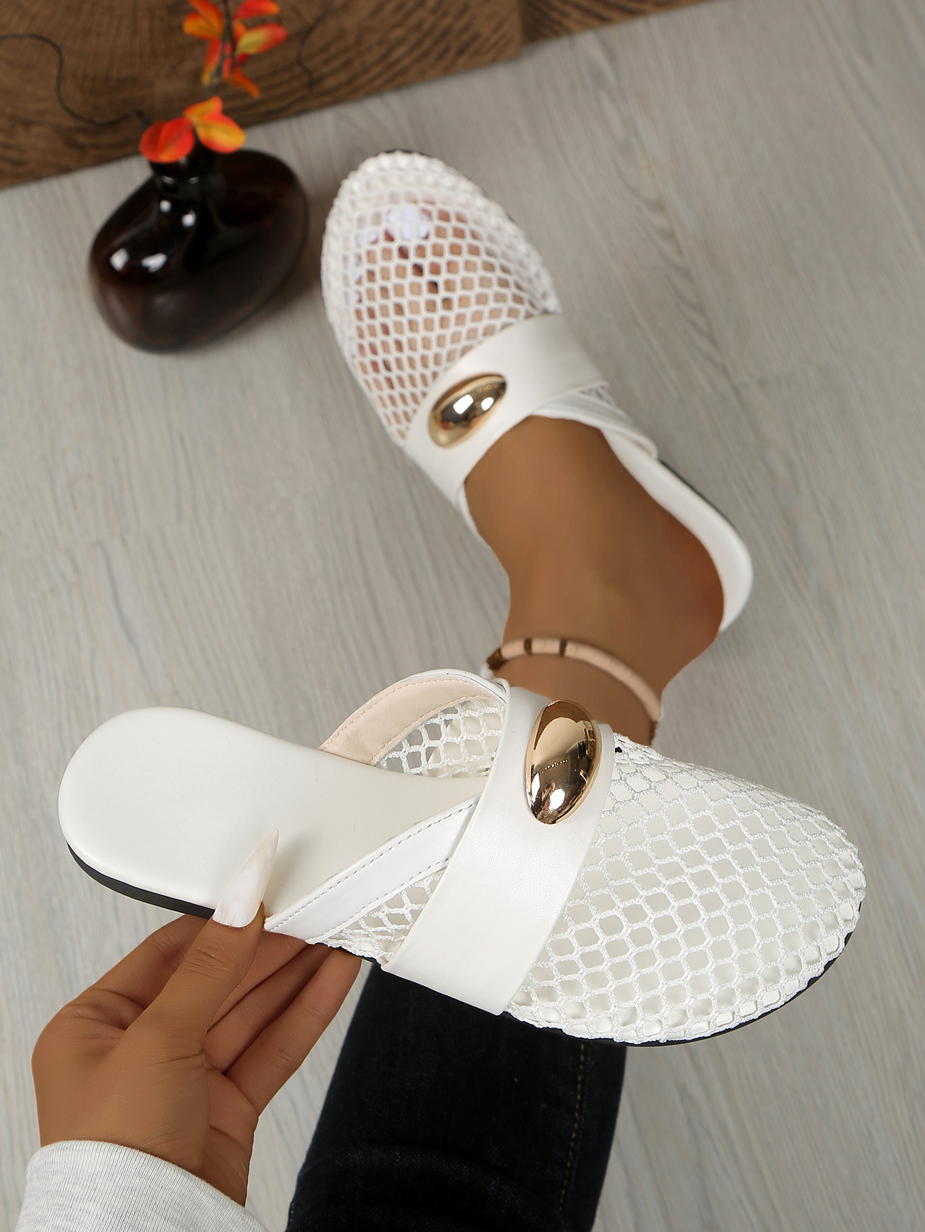 Damen Mesh Slipper Mit Flacher Sohle Für Den Sommer Im Freien_voghion.com