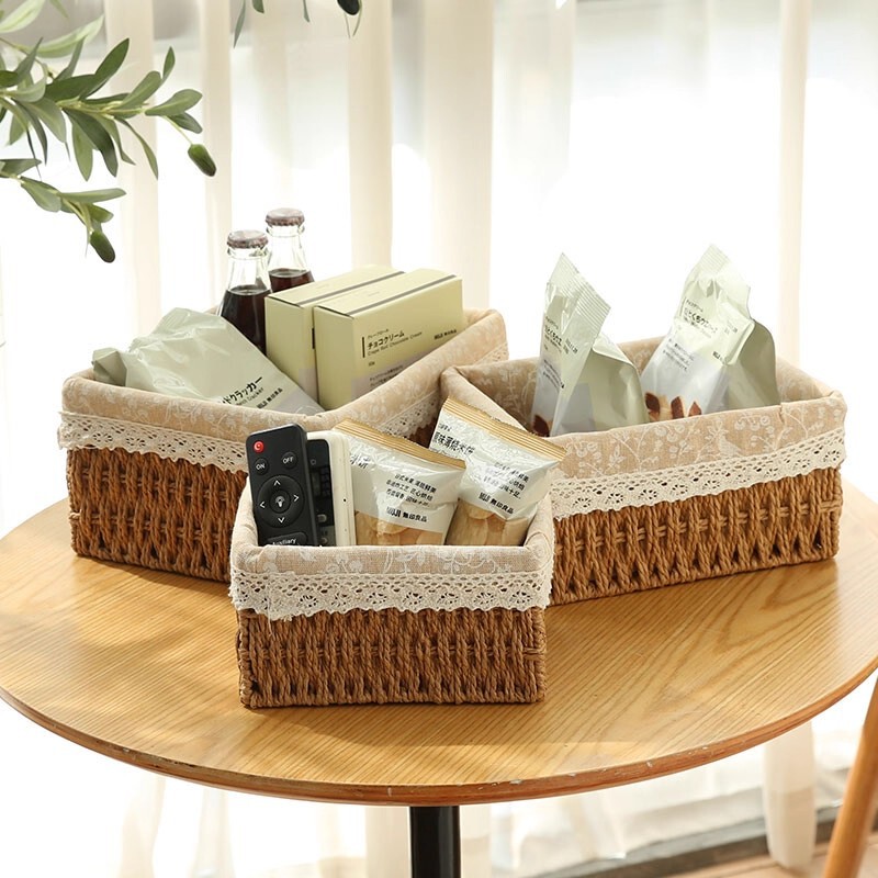 Straw Storage Woven Living Room Rattan Desktop Coffee Table Sundries Toys Keys Cosmetics Storage Box Household Snacks