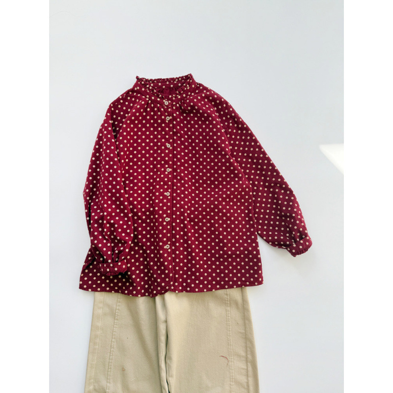 Gorgeous Red Polka Dot Shirt, Versatile Thick Cotton Brushed Lace Collar Shirt, Loose Polka Dot Top for Women Gorgeous Red Polka Dot Shirt, Versatile Thick Cotton Brushed Lace Collar Shirt, Loose Polka Dot Top for Women