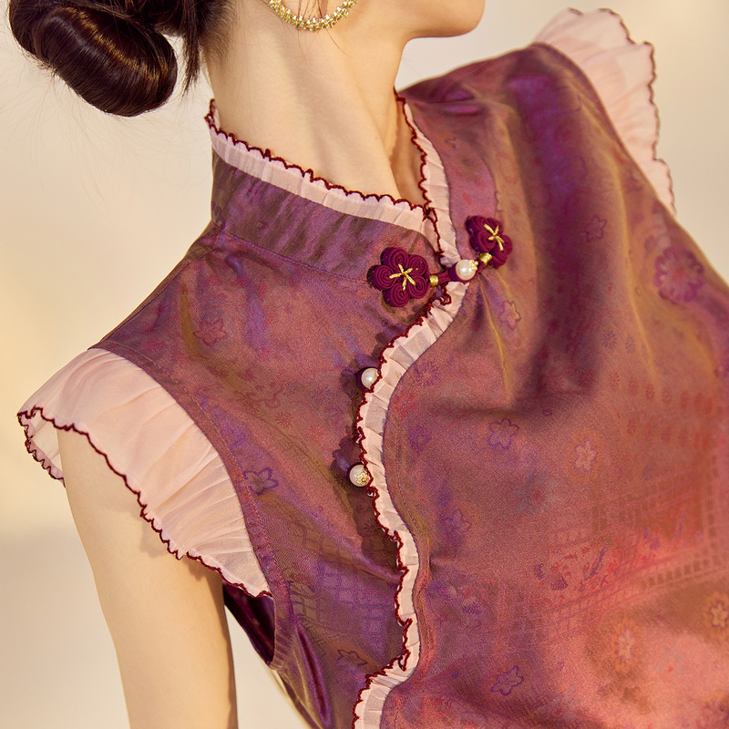 New Chinese-Style Floral Silk Shirt with Stand Collar, Buttoned Front, and Fluttering Sleeves for Women, Summer N5029