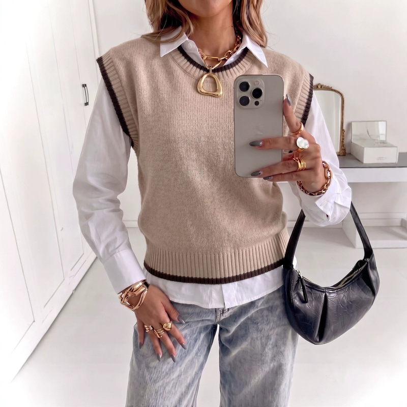 Autumn and Winter New Style Contrasting Color Round Neck Knitted Vest for Women, Loose Sleeveless Sweater Vest, Cross-Border Foreign Trade, Large Size, in Stock Autumn and Winter New Style Contrasting Color Round Neck Knitted Vest for Women, Loose Sleeveless Sweater Vest, Cross-Border Foreign Trade, Large Size, in Stock