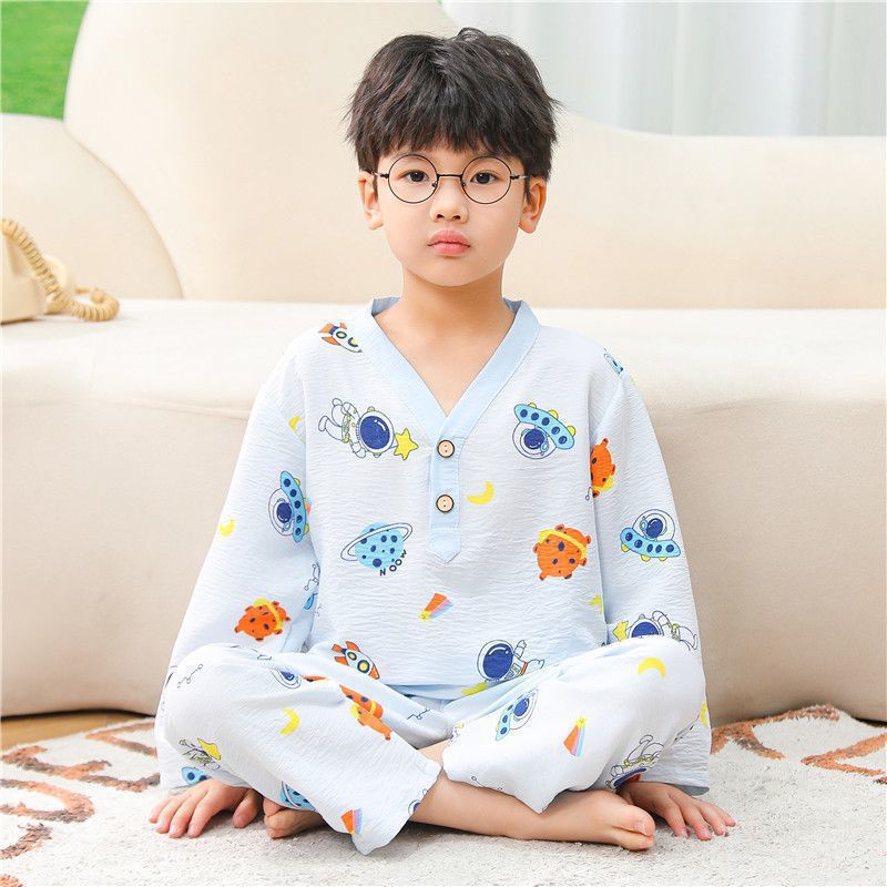 长袖夏季儿童家居服宝宝睡衣大小童女童空调薄款套装男开衫棉云朵