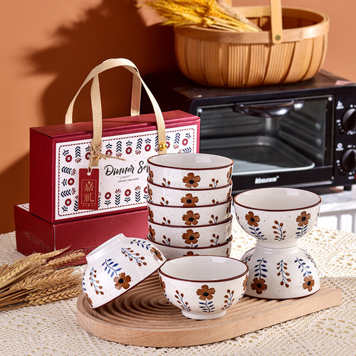 Retro green flower bowl and chopsticks set for opening event, practical souvenir, small gift, wholesale ceramic tableware set