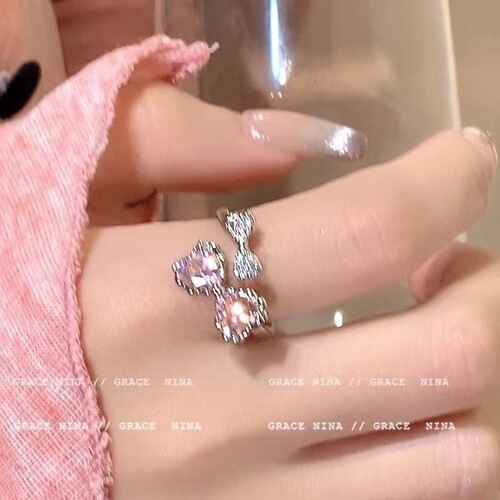 So sweet!  Pink Diamond Bow Ring Women's Light Luxurious Temperament Index Finger Ring Niche Design High-end Fashion Pair Ring