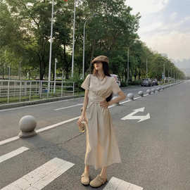 小众设计交叉绑带短袖连衣裙夏季感女气质感收腰显瘦A字女长裙子