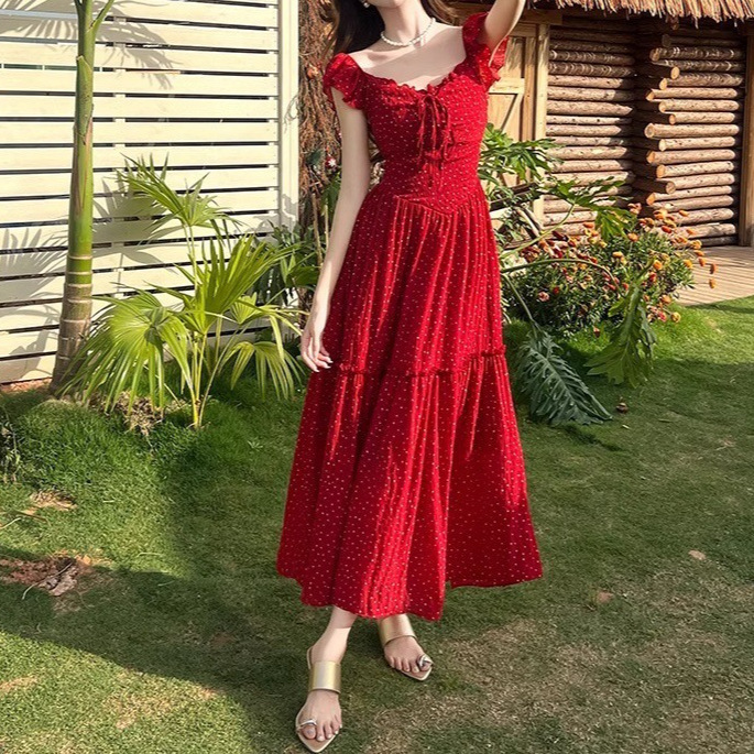 French Retro Red Polka Dot Sweet Temperament Dress Women's Summer Waist Slimming Holiday Style Design Long Skirt