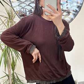 简梦长袖打底衫 2025秋季新款 设计木耳边T恤女时尚圆领上衣潮856