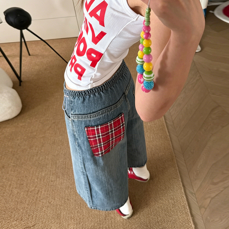 Maternity Jeans Washed Retro Plaid Women's Summer Three-Quarter Loose Slimming Casual Plus-Size Wide-Leg Pants Maternity Jeans Washed Retro Plaid Women's Summer Three-Quarter Loose Slimming Casual Plus-Size Wide-Leg Pants