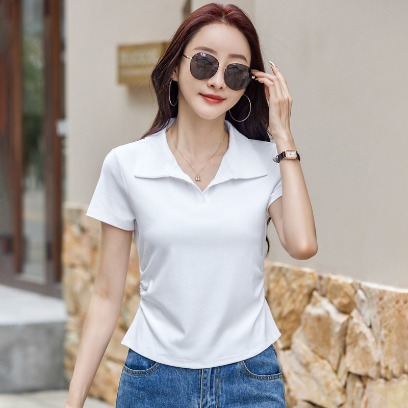 520 ラペル半袖 Tシャツ白ポロシャツ女性の夏の新しい気質トップ 2025 無地カジュアル T|undefined