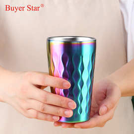 双层304随手杯不锈钢杯子家用凌纹杯餐饮啤酒杯330ml防滑水杯