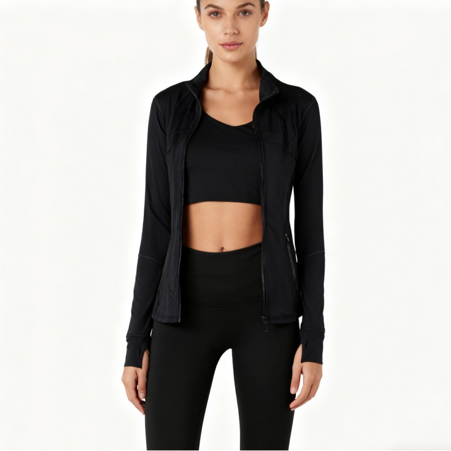 Yoga Wear Lulu Jacket Three-Piece Long-Sleeved Top Women's Stand-Up Collar Nine-Point Yoga Pants Suit Jacket Comfortable and Slim