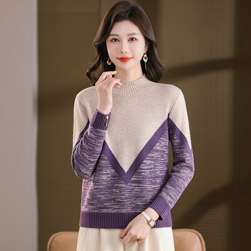 圆领针织打底衫女秋冬季2025年新款时尚拼色上衣洋气减龄毛衣女潮，女装针织衫/毛衣，妃慕昵服饰