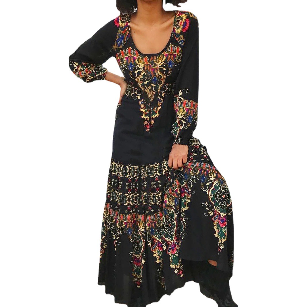 Amazon Comercio exterior transfronterizo temperamento elegante vestido de manga larga primavera y otoño estampado con cuello en U falda larga de vacaciones junto al mar image 1