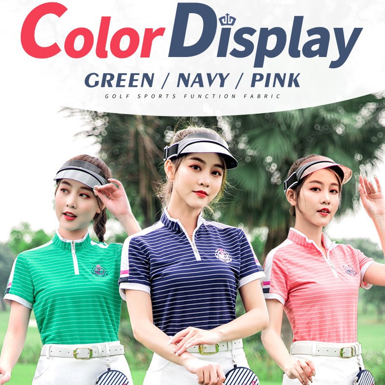 Bộ đồ golf nữ tay ngắn sọc mùa hè — YF075-màu xanh đậm, YF186 nữ sọc ngắn tay màu hồng trắng, YF186 nữ tay ngắn sọc xanh đậm trắng, YF075-màu đỏ hoa hồng