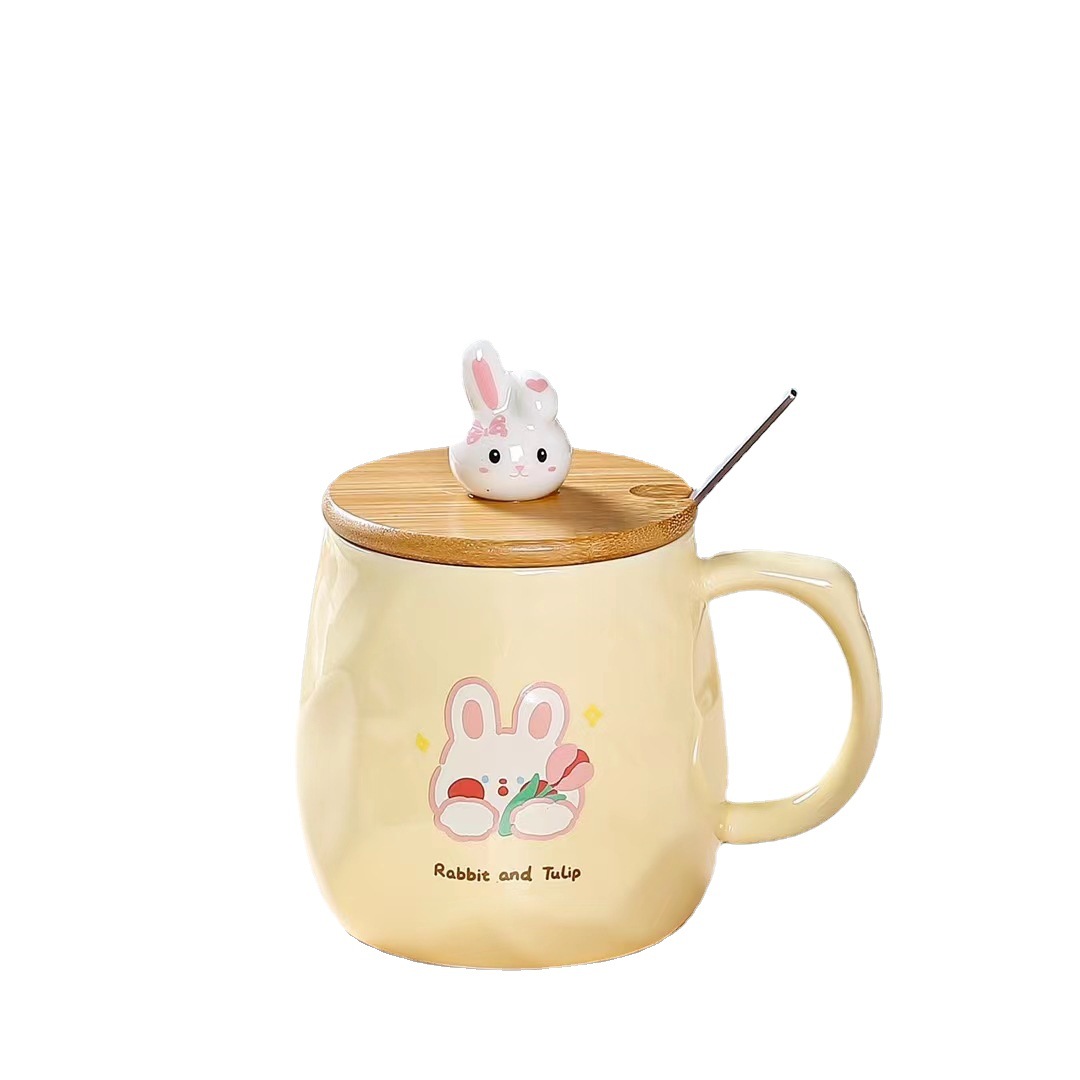 Creativo simple lindo conejo de dibujos animados regalo personalizado taza pequeña cerámica fresca beber con tapa cuchara