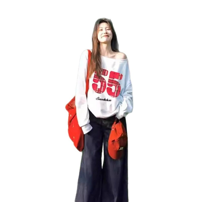 露肩字母卫衣女设计感小众别致独特韩系宽松潮慵懒风无帽上衣春秋|undefined