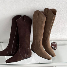 磨砂复古高筒牛仔西部靴2025冬季新款尖头内增高女骑士靴