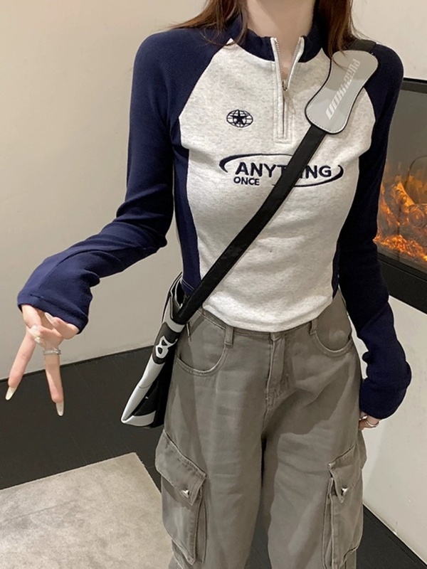 大码胖mm正肩女长袖t恤秋季字母修身拉链内搭打底衫短款拼接上衣|undefined