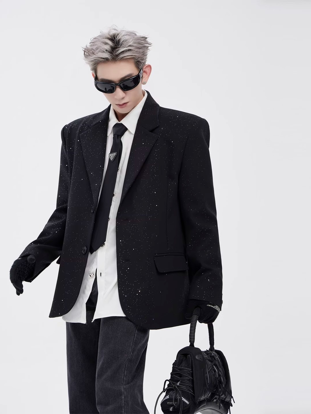 Black Suit for Men with a High-End and Handsome Feel, Spring and Autumn Men's Sequin Fashion Light Luxury Silhouette Hairstylist Shoulder Pad Suit