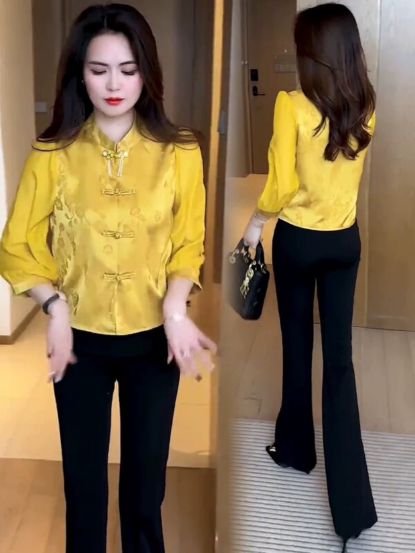 Fashionable Chinese-Style Shirt for Women, 2025 Spring New Model, Elegant and Slimming, Age-Reducing, Petite, New Chinese-Style Button-Up Top