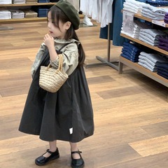 韓版童裝2024春季新款女童復古森系繡花泡泡袖襯衫吊帶裙兩件套裝