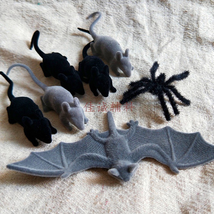 Halloween Decorations, Simulated Flocked Animals, Mice, Bats, Black and Gray Long-Haired Spiders, Small Animals