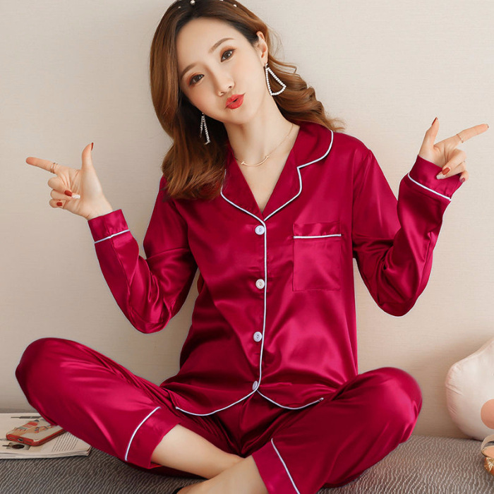Pijama de comercio exterior de seda para mujer de verano de manga larga de color sólido estilo coreano suelto WeChat LIVE Home wear suit mujer transfronteriza
