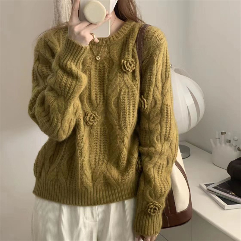 Suéter de punto estilo coreano con cuello redondo y diseño de rosa tridimensional, moda otoño 2024 image 5