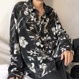 坠感黑花衬衫男oversize潮流高级感雪纺复古港味暗黑系设计感衬衣