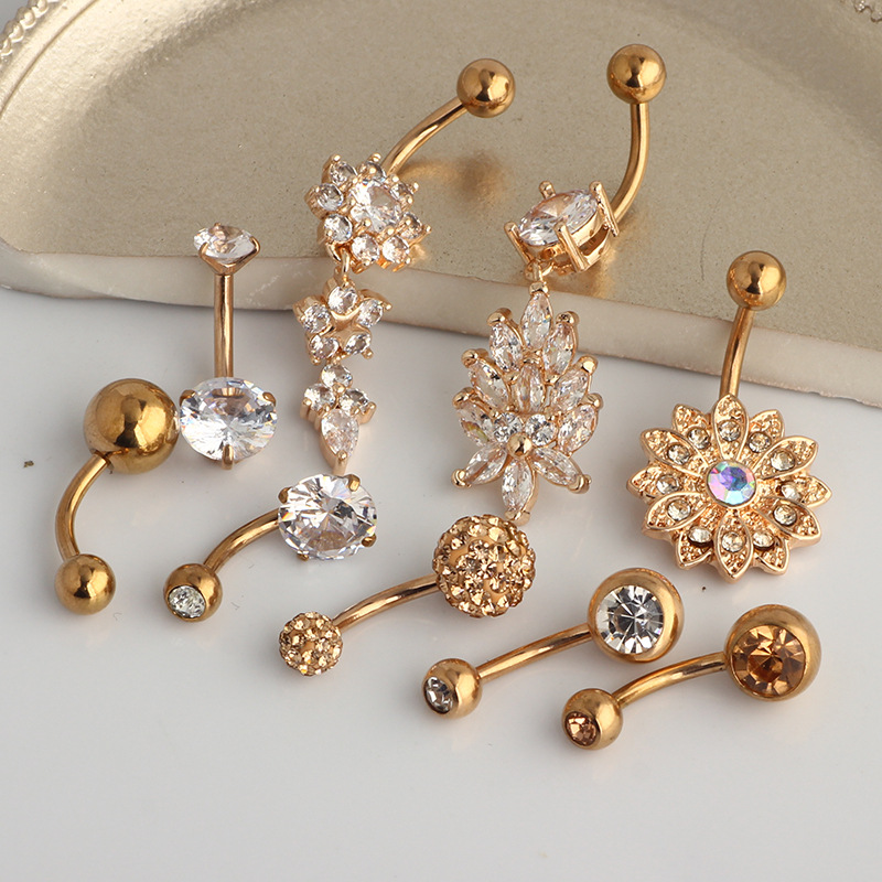 Rose Gold Flower Diamond Navel Ring Stainless Steel Dangle Belly Button Piercing 9-Piece Set detail image 9