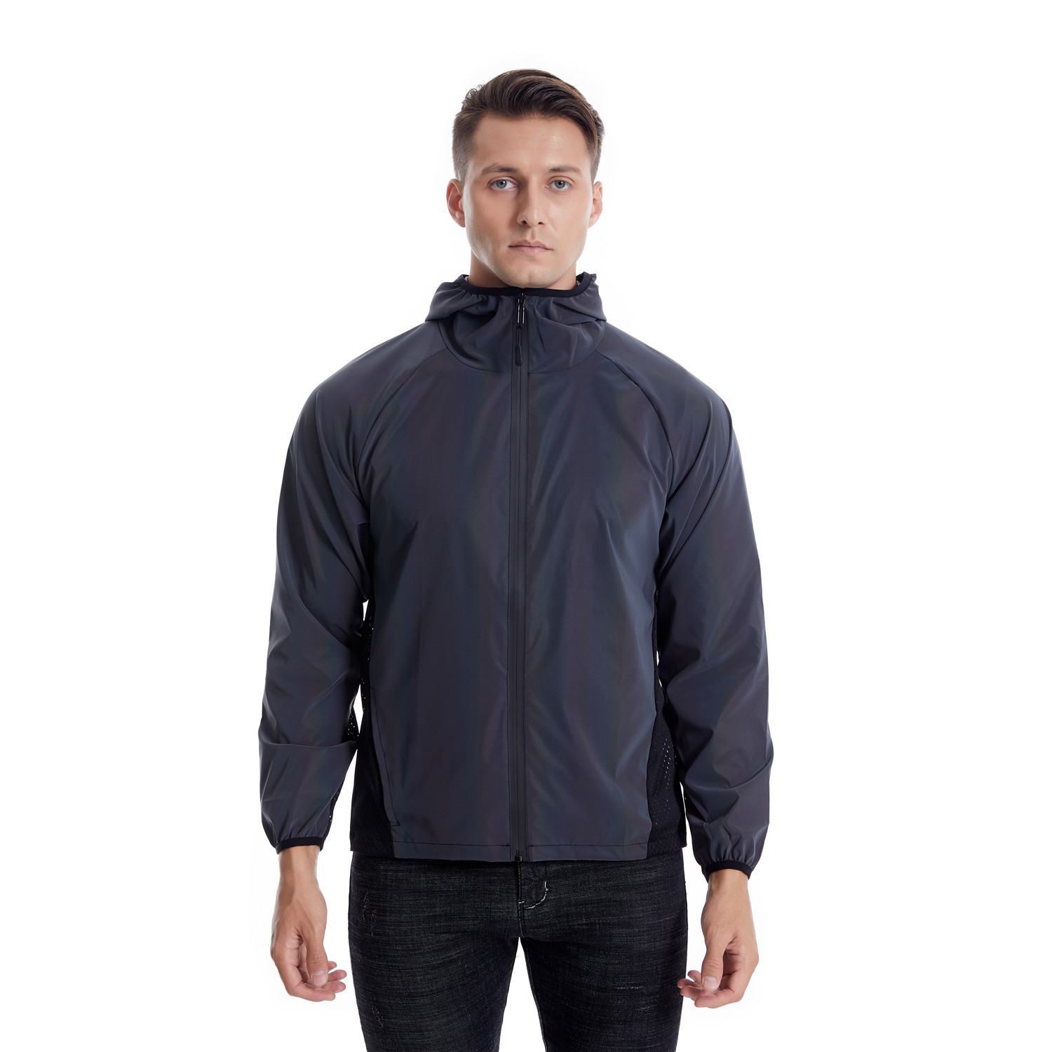Abbigliamento da uomo, giacca riflettente colorata, sport all'aria aperta, con giunture in rete, giacca con cappuccio traspirante_voghion.com