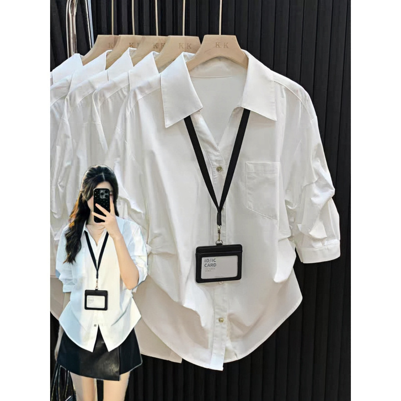 French-Style Polo Collar Elegant White Shirt for Women, Spring and Summer Design, Loose Fit with Pleated Waist, Three-Quarter Sleeve Top French-Style Polo Collar Elegant White Shirt for Women, Spring and Summer Design, Loose Fit with Pleated Waist, Three-Quarter Sleeve Top