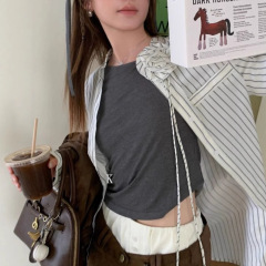 KUBERS【执花写意】时髦设计感立体花朵立领撞色条纹衬衫上衣