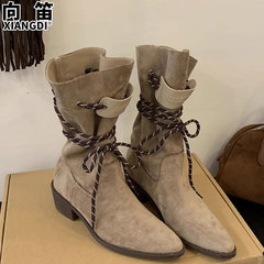 牛皮版废土风绑带骑士靴粗跟显瘦堆堆靴单靴美拉德西部牛仔靴子女