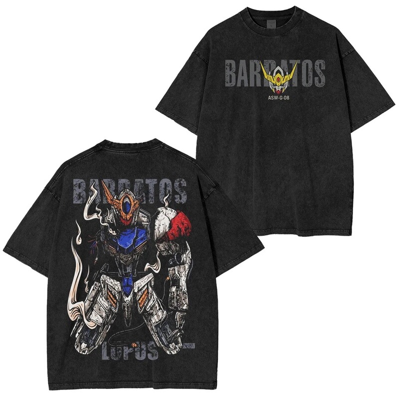 Gundam Barbatos Lupus T-Shirt Men's Ibo Asw-G-08 Retro Acid-Washed Mecha Streetwear Oversized