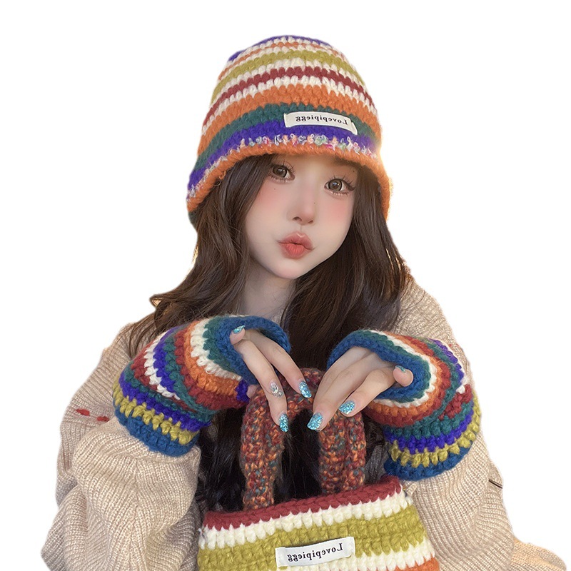 Autumn Winter New Warm Knitted Retro Rainbow Wool Korean Ins Trend Bag Gloves Hat Three-piece Set_voghion.com