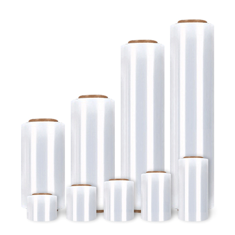 Película estirable de PE 50cm Película de embalaje autoadhesiva industrial Tamaño de rollo Película de sellado para llevar Película estirable transparente en movimiento