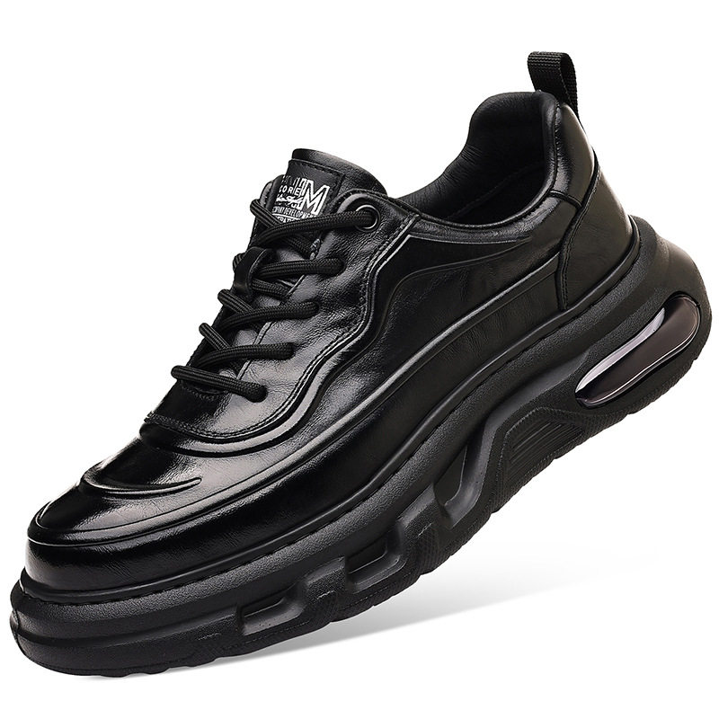 Giày sneaker nam da bò thật đế dày, giày thể thao thông thường thoáng khí đa năng — màu nâu, màu đen