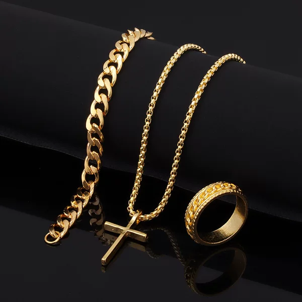 European and American Cross-Border Popular Style Minimalist Versatile Cross Pendant Ring Bracelet Necklace Jewelry Set