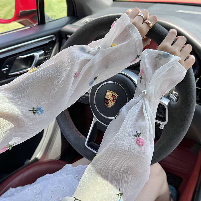 Mangas de hielo, mangas de protección solar, nuevas flores bordadas, mangas acampanadas sueltas, hebilla de perlas, mangas de hielo, mangas de seda de hielo, mangas de seda de hielo, mujeres