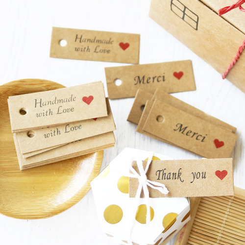 Kraft paper red heart tag Thank you Handmade Merci Love handmade label tag 100 pieces