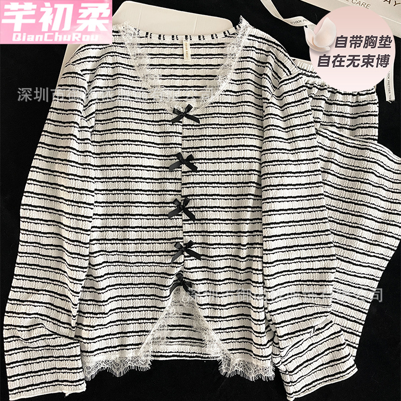 Korean Style Bow Pajamas with Breast Pads for Women Spring, Autumn and Winter New Long-Sleeved Pants Suit Lace Stripesd Home Clothes
