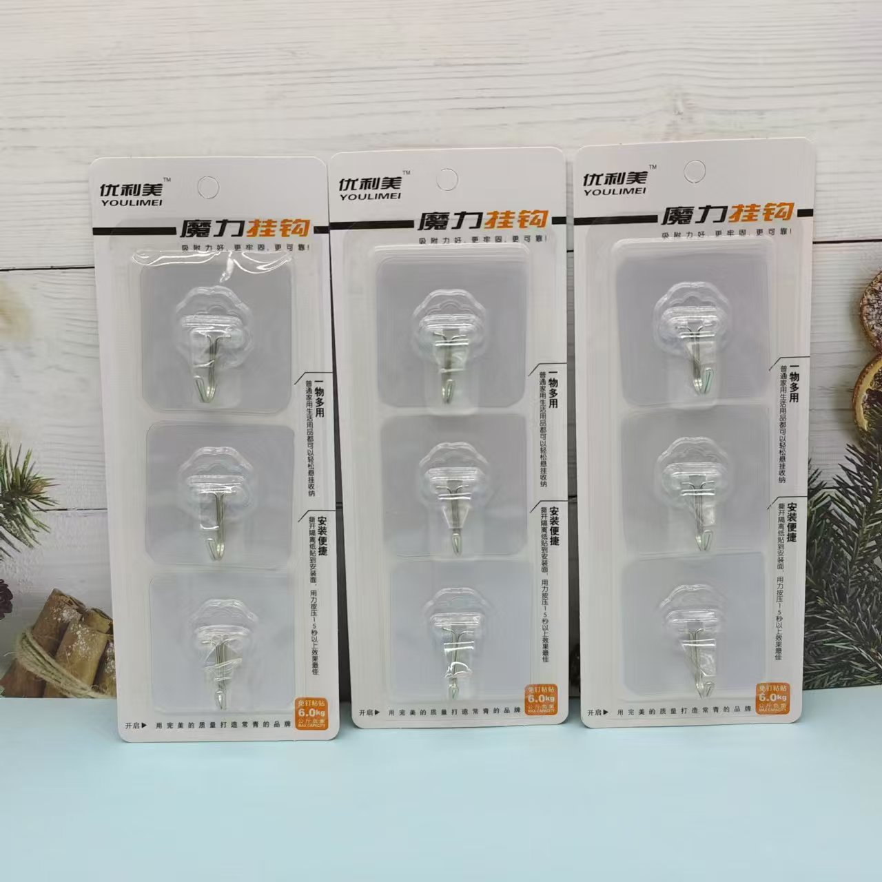 3 Pack Transparent Non-marking Hook Nail-free Punch-free Non-marking Hook Wall Kitchen Household Hook