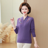 本命年妈妈秋冬装高档毛衫绣花立领中老年人女装喜婆婆针织打底衫，女装针织衫/毛衣，妃慕昵服饰