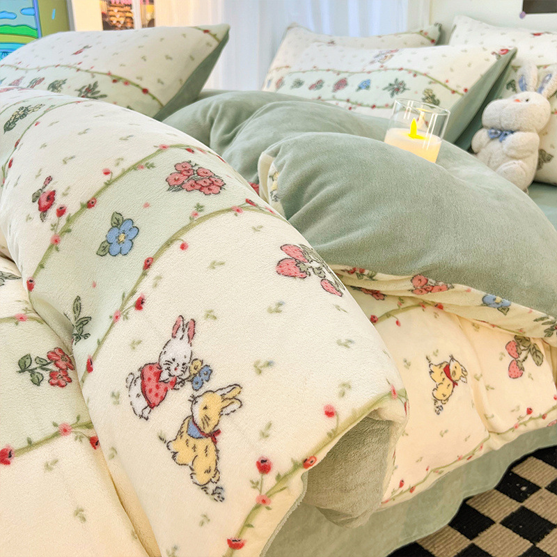Juego de cuatro piezas de cama gruesa de terciopelo de leche otoño e invierno más funda de edredón de terciopelo sábana de dormitorio de terciopelo de coral juego de tres piezas nuevo