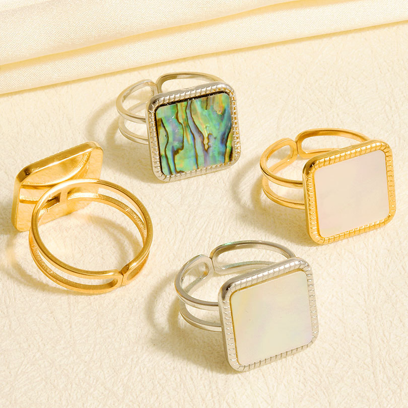 304 Stainless Steel Ring Retro European and American Square Geometric Natural Shell Ring Women's 18K Gold-Plated Ring in Stock