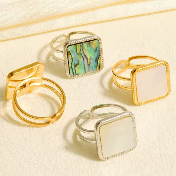 304 Stainless Steel Ring Retro European and American Square Geometric Natural Shell Ring Women's 18K Gold-Plated Ring in Stock