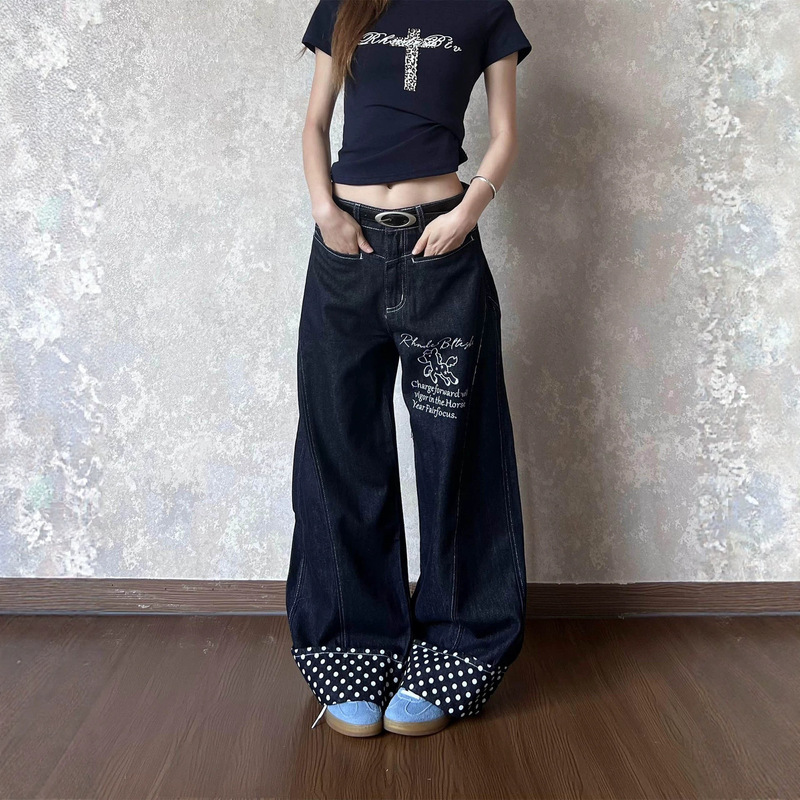 American high street style color-blocked full-print embroidered polka dot raw denim straight-leg casual trousers for women with rolled hem and patchwork wide-leg design
