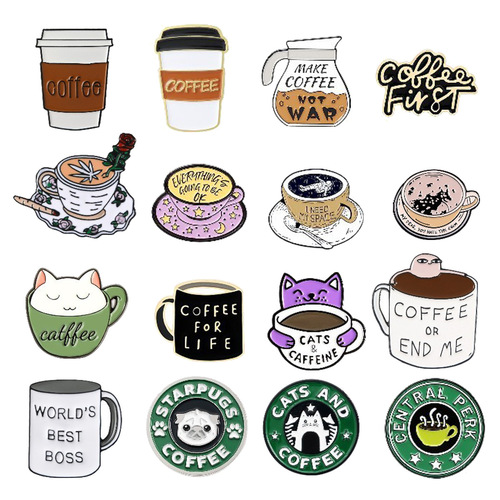 Creative Cartoon Coffee Cup Collection Brooches Men's and Women's Clothing Accessories Jewelry Pins Alloy Enamel Badges